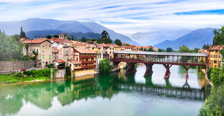 Beautiful medieval towns of Italy -picturesque  Bassano del Grappa with famous bridge,  Vicenza province,  region of Veneto