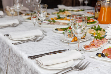 Table set for wedding or another catered event dinner.