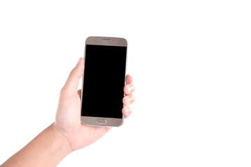 hand holding silver phone with isolated screen.