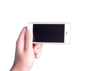 hand holding white phone with isolated screen.