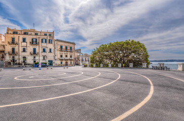 Syracuse Sicily, the archimedean spiral drawn in the square of the Aretusa fountain in Ortigia.