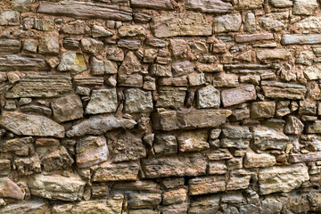 An old stone wall of cobblestones held together by clay.