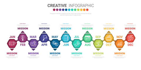 Timeline business for 12 months, 1 year, Timeline infographics design vector and Presentation business can be used for Business concept with 12 options, steps or processes. 