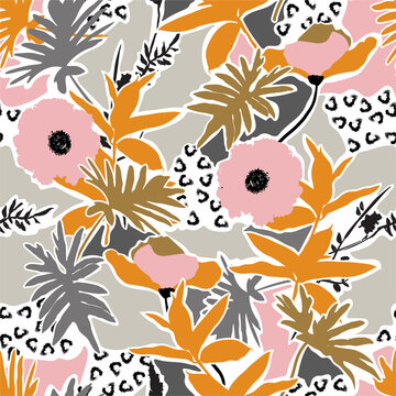 Artistic hand drawn modern flower seamless pattern on pastel color pallets Design for fashion , fabric, textile, wallpaper, cover, web , wrapping