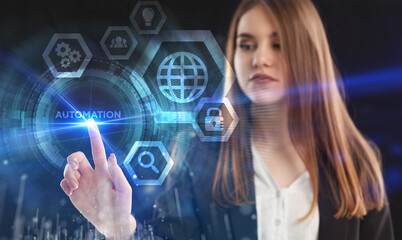Business, Technology, Internet and network concept. Young businessman working on a virtual screen of the future and sees the inscription: Automation