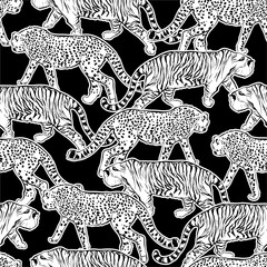 Hand drawn lind sketch Tiger and Leopard cheetah balck and white seamless pattern,Design for fashion , fabric, textile, wallpaper, cover, web , wrapping and all prints