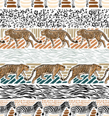 Stylish Hand drawn lind sketch Tiger and Leopard cheetah with animal skin stripe print seamless pattern,Design for fashion , fabric, textile, wallpaper, cover, web, wrapping