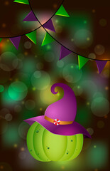 green pumpkin-witch in a purple hat on a background with bokeh, at the top of the festive flags