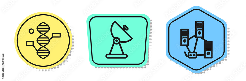 Poster set line dna symbol, radar and computer network. colored shapes. vector.