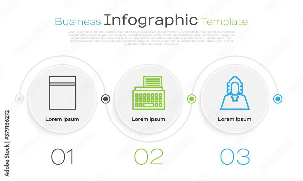 Poster set line plastic bag with ziplock, retro typewriter and judge. business infographic template. vector