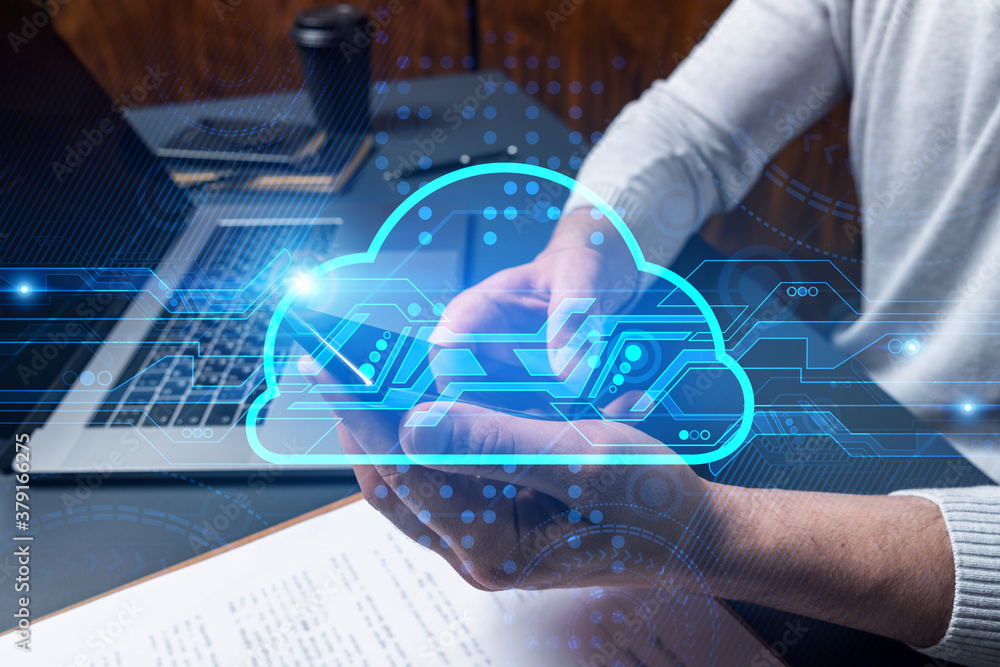 Poster man using phone. hands typing smartphone. double exposure with cloud symbol hologram. close up. data