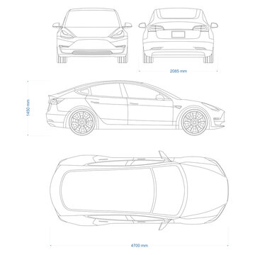 Hybrid car vector template. Electric car blueprint. Compact sedan car on white background. Mockup template for branding. Blank vehicle branding mockup.