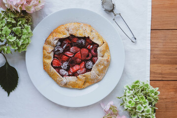 Delicious freshly baked vegan strawberry and cherry galette.