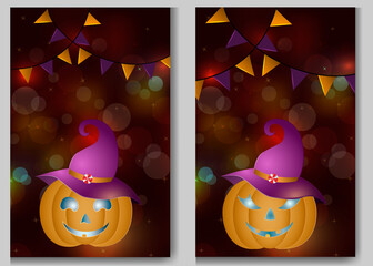 cards with pumpkins in a witch hat on an abstract dark background, top view orange and purple flags. Illustration