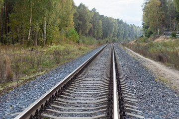 Fototapeta na wymiar railroad tracks in the forest in sunny fall day