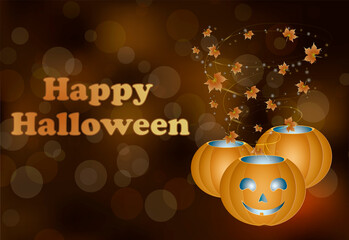 pumpkin with a kind face on a dark abstract background, text - happy halloween, autumn leaves, maple, magic glow