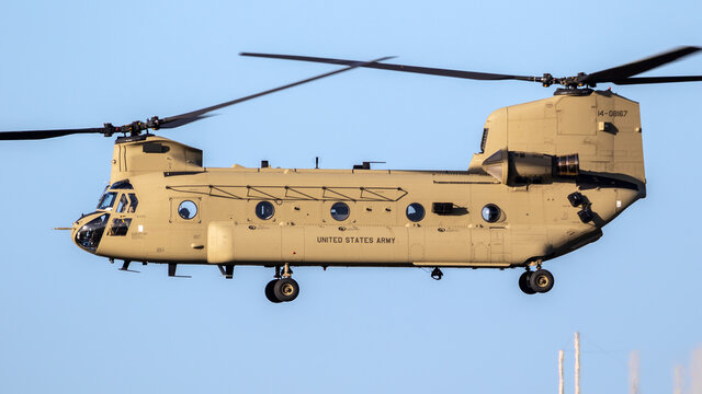 United States Army Boeing CH-47F Chinook transport helicopter in flight. EINDHOVEN, THE NETHERLANDS - OCT 27, 2017