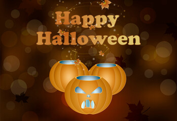 pumpkin with an evil face on a dark abstract background, text - happy halloween, autumn leaves, maple, magic glow