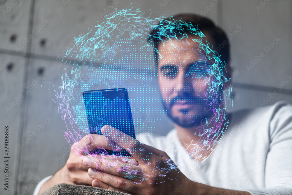 Poster double exposure of world map drawing hologram and a man searching information on phone in internet.