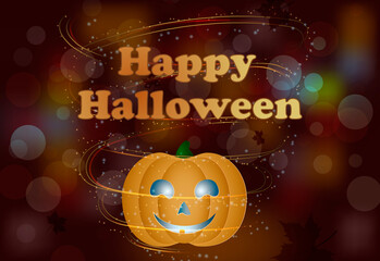 pumpkin with a kind face on a dark abstract background, text - happy halloween, autumn leaves, maple, magic glow, lights