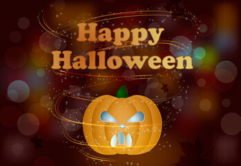 
pumpkin with an evil face on a dark abstract background, text - happy halloween, autumn leaves, maple, magic glow, lights
