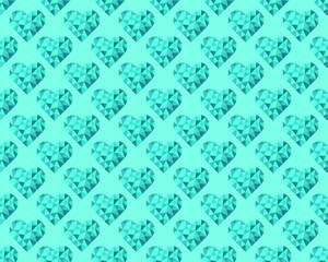 Blue polygonal hearts on a blue background. Seamless pattern. Vector illustration for fabric design, print for textile, wrapping, wed design, packaging, etc.