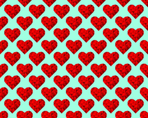 Fototapeta na wymiar Red polygonal hearts on a blue background. Seamless pattern. Vector illustration for fabric design, print for textile, wrapping, wed design, packaging, etc.