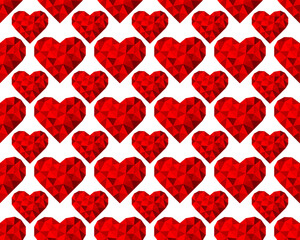 Red polygonal hearts on a white background. Seamless pattern. Vector illustration for fabric design, print for textile, wrapping, wed design, packaging, etc. 