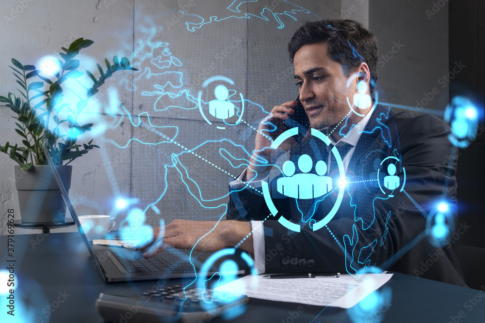Poster businessman in office working with laptop, develop networking chain to push new social media project