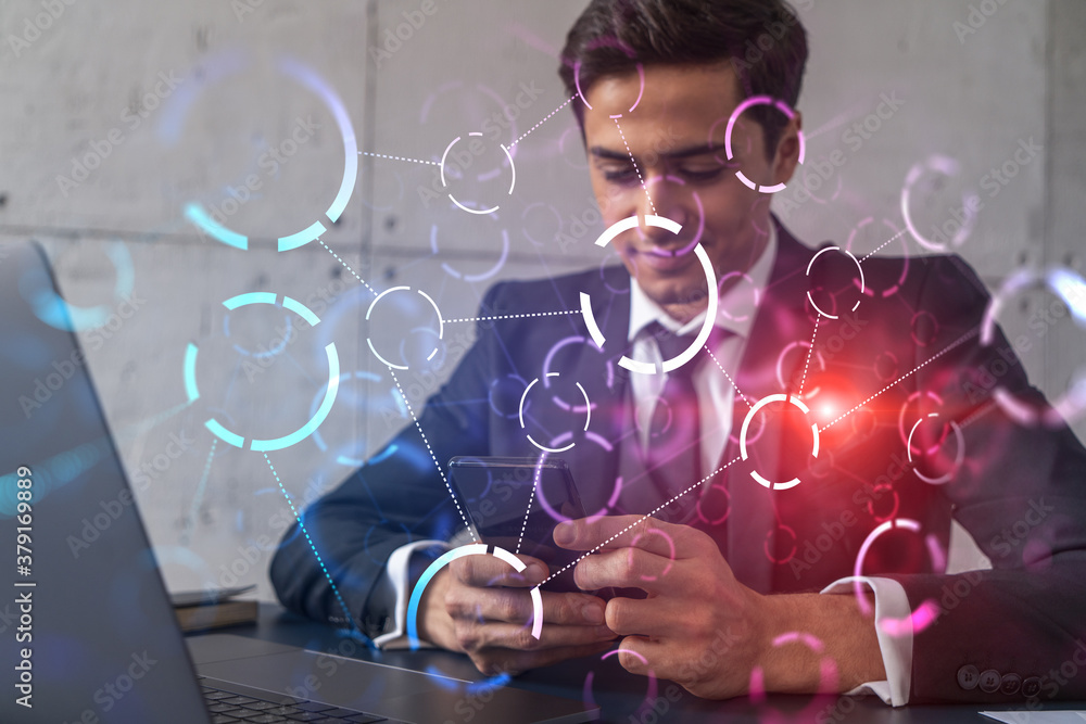 Fototapete man in office working with smartphone, searching for new tech. abstract technology hologram, typing 