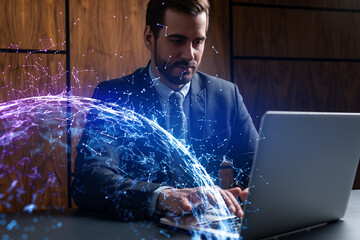 Businessman in office working with laptop, abstract technology hologram, typing computer. Double...
