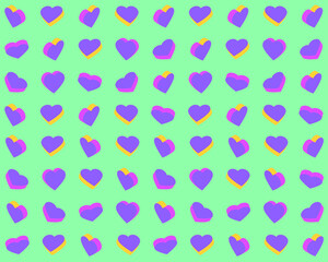 Colorful hearts on a green background. Vector illustration for fabric design, print for textile, wrapping, wed design, packaging, etc. 