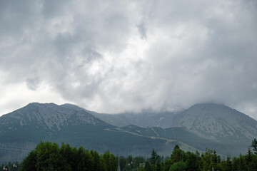 Amazing view on mountains in clouds and forest. 