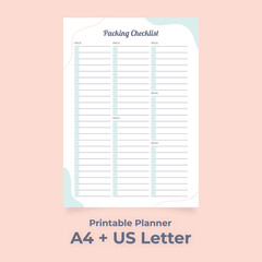 Minimalist Packing Checklist Planner Printable, Travel Checklist, Item List, Simple Vacation,
Travel Tracker, Custom planner pages template vector paper A4 and US Letter Ai, EPS 10 and PDF File