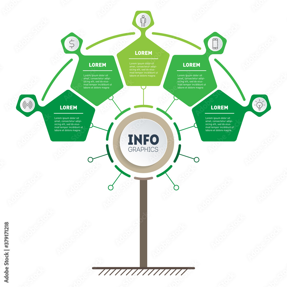 Poster tree of development and growth of the business. time line with 5 parts. business report concept with