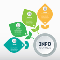 Infographics. Template of diagram with leaves. Info graphic of technology or education process with four steps. Business presentation concept with 4 parts and icons. Vector.