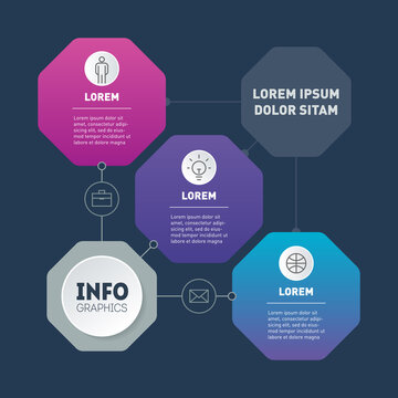 Template of chart or presentation consisting of three octagons. Infographic of technological or education process of 3 parts. Part of the report with icons set. Vector diagram.