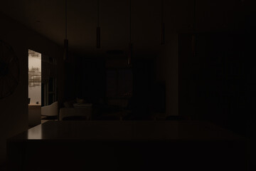 3d render of an interior living room with night light. Interior design of the apartment with a modern style. Camera angle on the cooking island and the living room area. Interior design trends