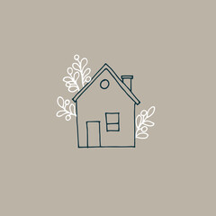Fototapeta na wymiar vector illustration in the style of minimalism. cute houses with flowers and plants. modern postcards on a pink background. stay home. doodle line drawings.