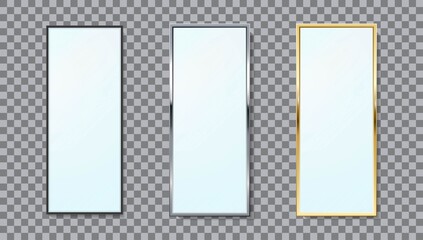 Realistic mirrors rectangle frame vector set of different colors isolated. Realistic metalic gold and silver rectangle frames  mirrors template.  Reflecting glass surfaces isolated.  - 379172851