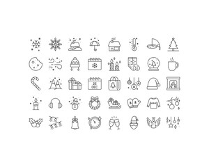 set of christmas thin line icons, winter, snow, happy new year