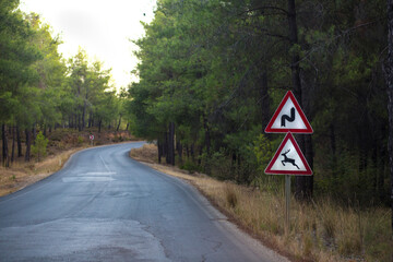 Roadside warning signs, animal may come out and bend sign