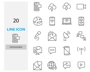 set of communication thin line icons, contact, connection, email, community