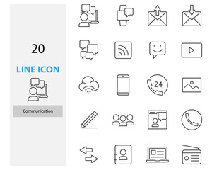 set of communication thin line icons, contact, connection, email, community