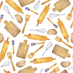 Seamless pattern with bread, wood shovel, plunger, cutting board and whisk on white background. Hand drawn watercolor illustration.