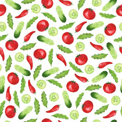 Seamless pattern with fresh red tomato, cucumber, chili and arugula on white background. Hand drawn watercolor illustration.