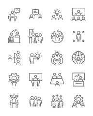 set of business people thin line icons, working, team, meeting