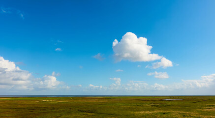 White clouds in the blue sky above the monotonous flat landscape of the North German coast in Friesland