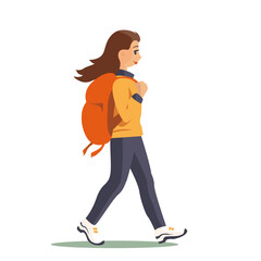 Happy girl tourist walks with a backpack. Leads an active lifestyle. Vector isolated illustration.