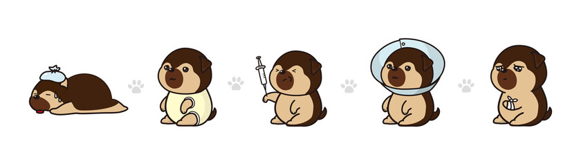 病気のペットのベクターイラストレーションセット　シェパードの子犬